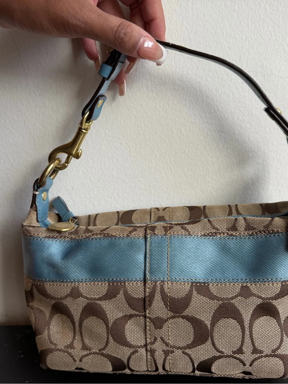 Vintage Y2K Coach 11206 Signature Stripe Demi Shoulder Bag Baby Blue 2007